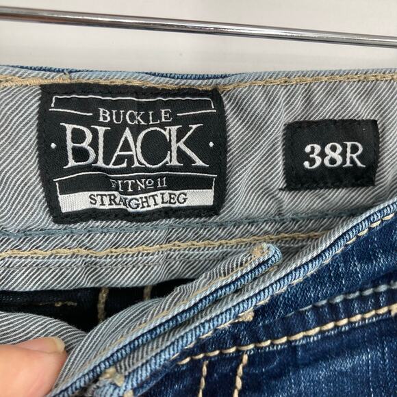 Buckle Black Jeans Fit No 11 Straight Leg Whiskered Thick Stitch Dark Wash 38R - Picture 6 of 12
